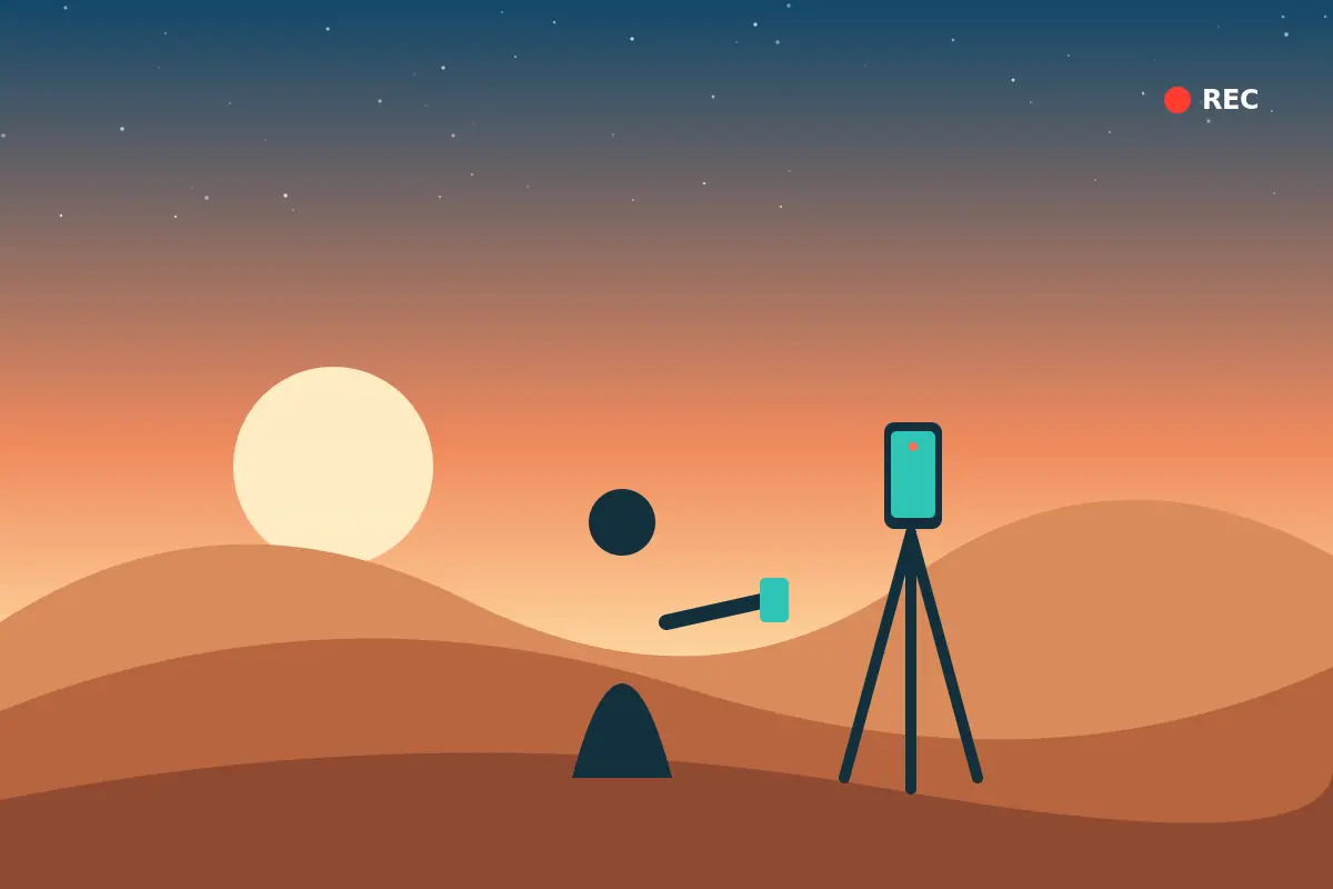 Stylised illustration of a content creator filming with a phone on a tripod among desert dunes at sunset