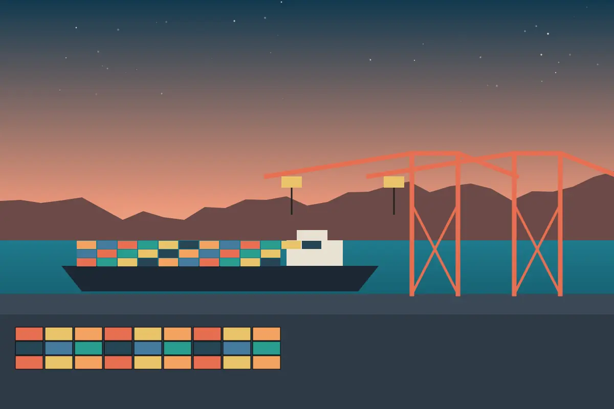 Stylised illustration of a container ship and port cranes at sunset